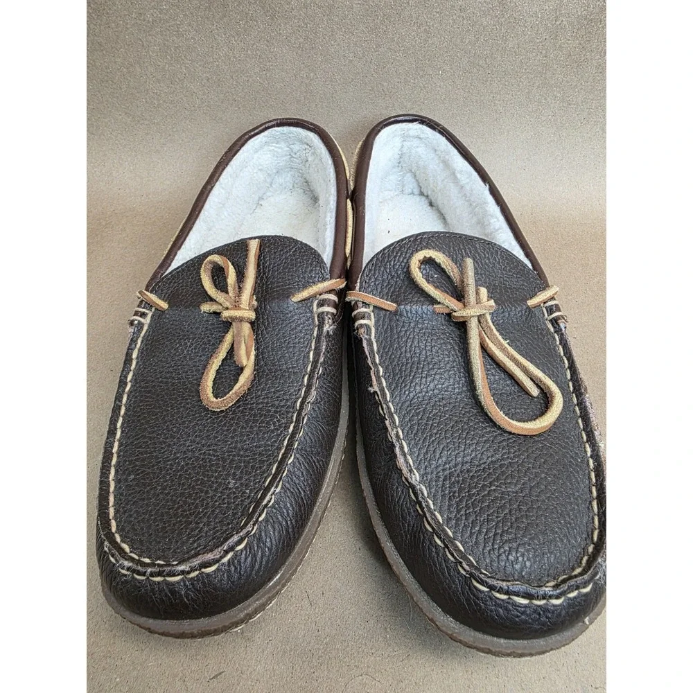 LL Bean Moccasin (Sz 10 M) Slipper Mens Brown Bow Slip On Loafer Leather 212984